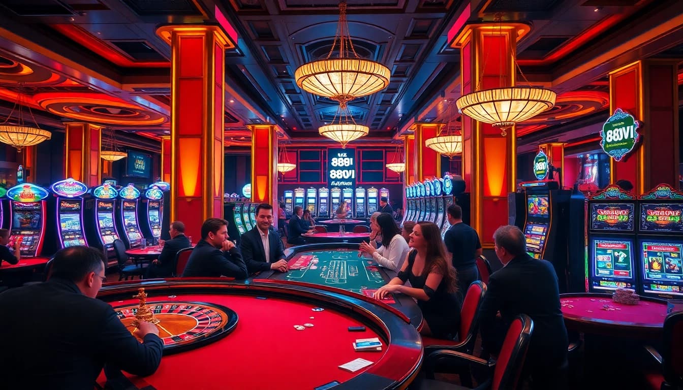 Players enjoying thrilling casino games at 888VI with vibrant atmosphere and exquisite decor.