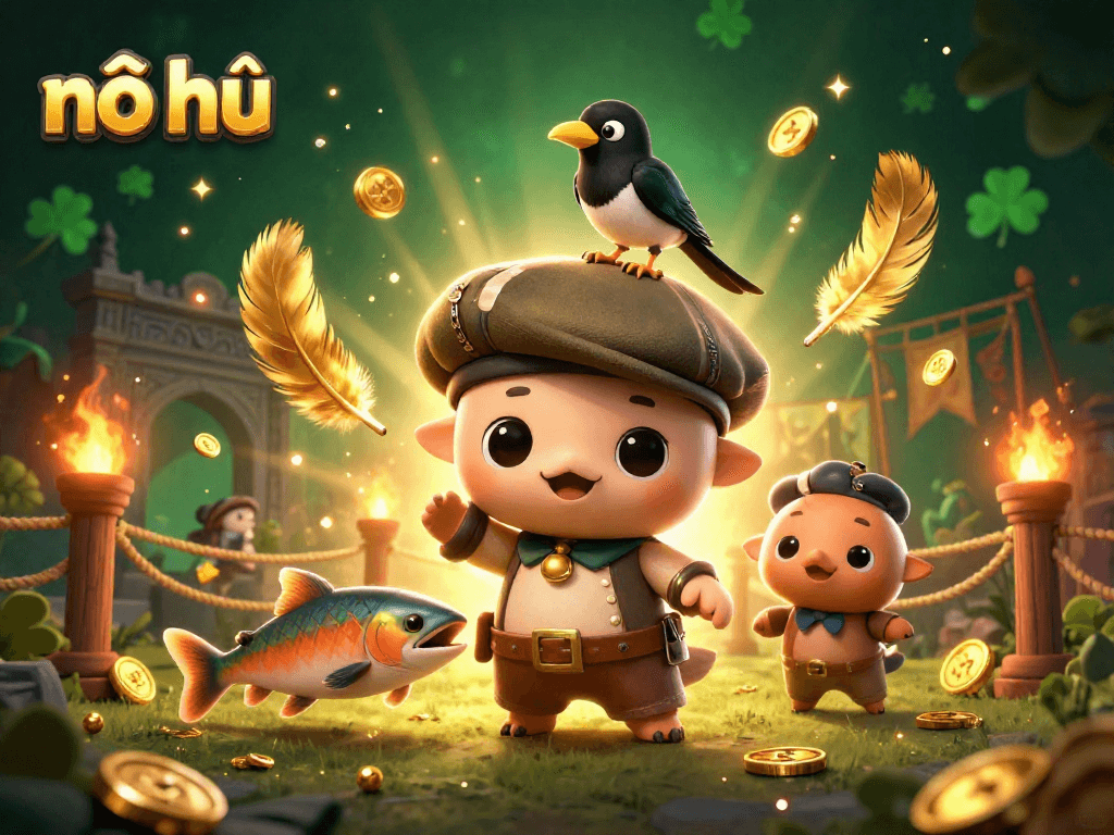 Nổ hũ game illustration featuring Nessie, a magpie, and colorful slot elements showcasing excitement.