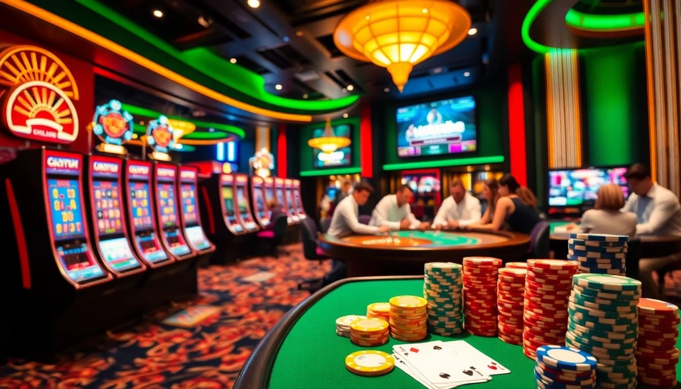 Players enjoying dynamic games at HELLO88 casino, surrounded by colorful slot machines and poker chips.