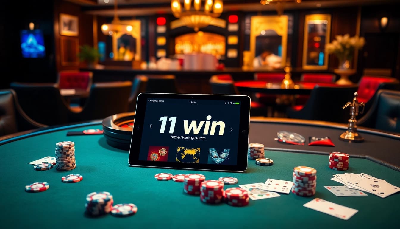 Experience the excitement of gambling at https://11win.ru.com/ with poker chips, cards, and a roulette wheel.