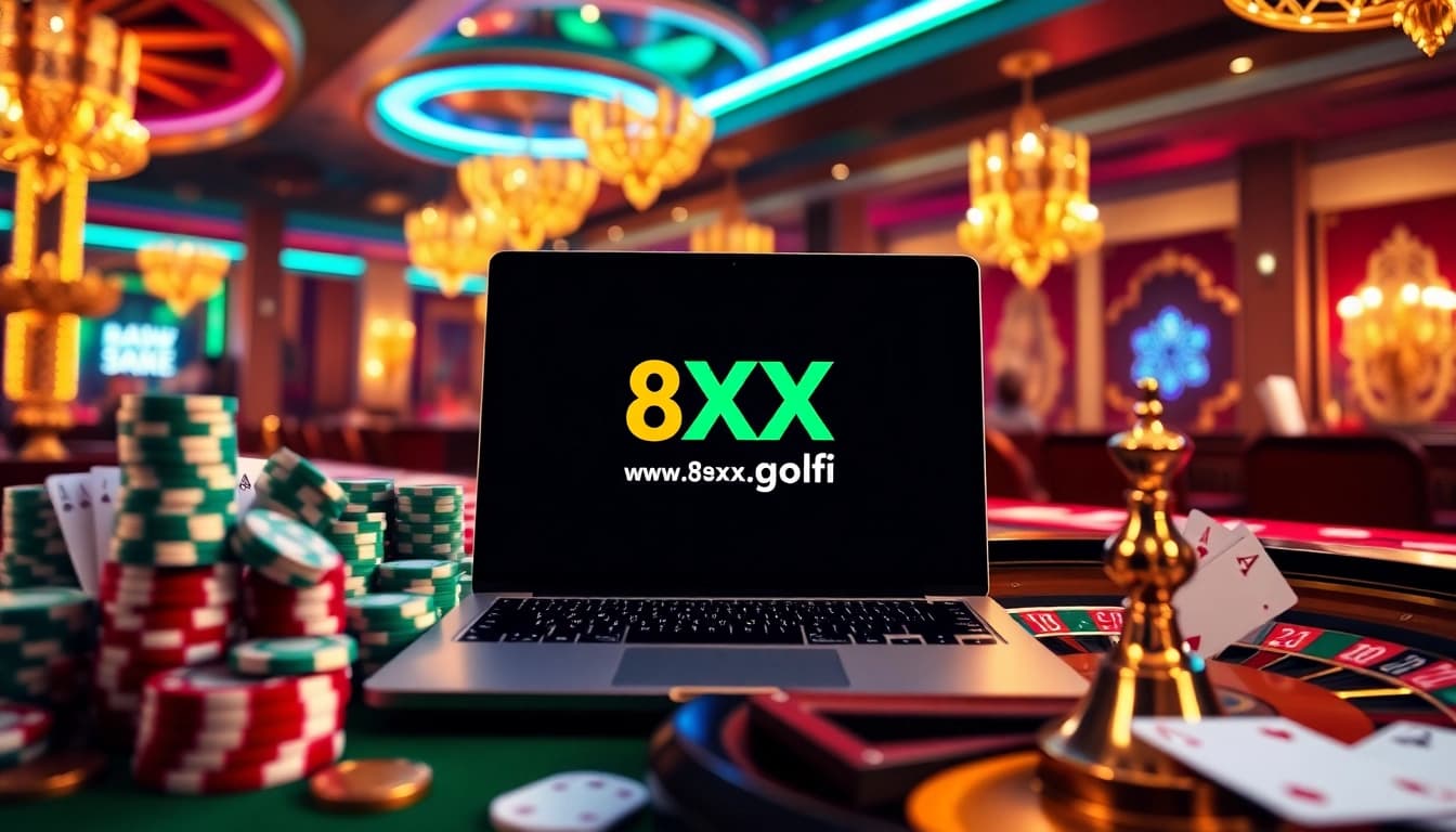 Join the excitement at https://8xx.golf/ with a vibrant online casino interface featuring poker chips and roulette wheels.