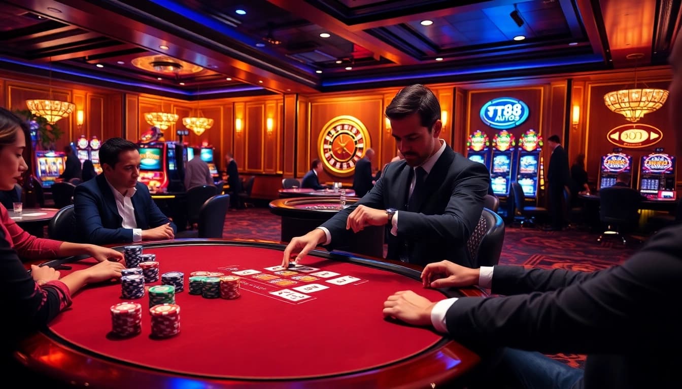 Experience the thrill of gambling at https://tr88.autos/ with an engaging poker game in a luxurious casino setting.