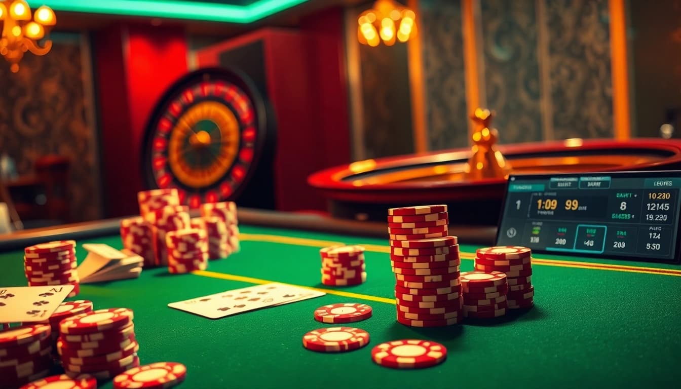 Experience the excitement at nhà cái 8XX with a vibrant casino scene featuring poker chips and cards in action.