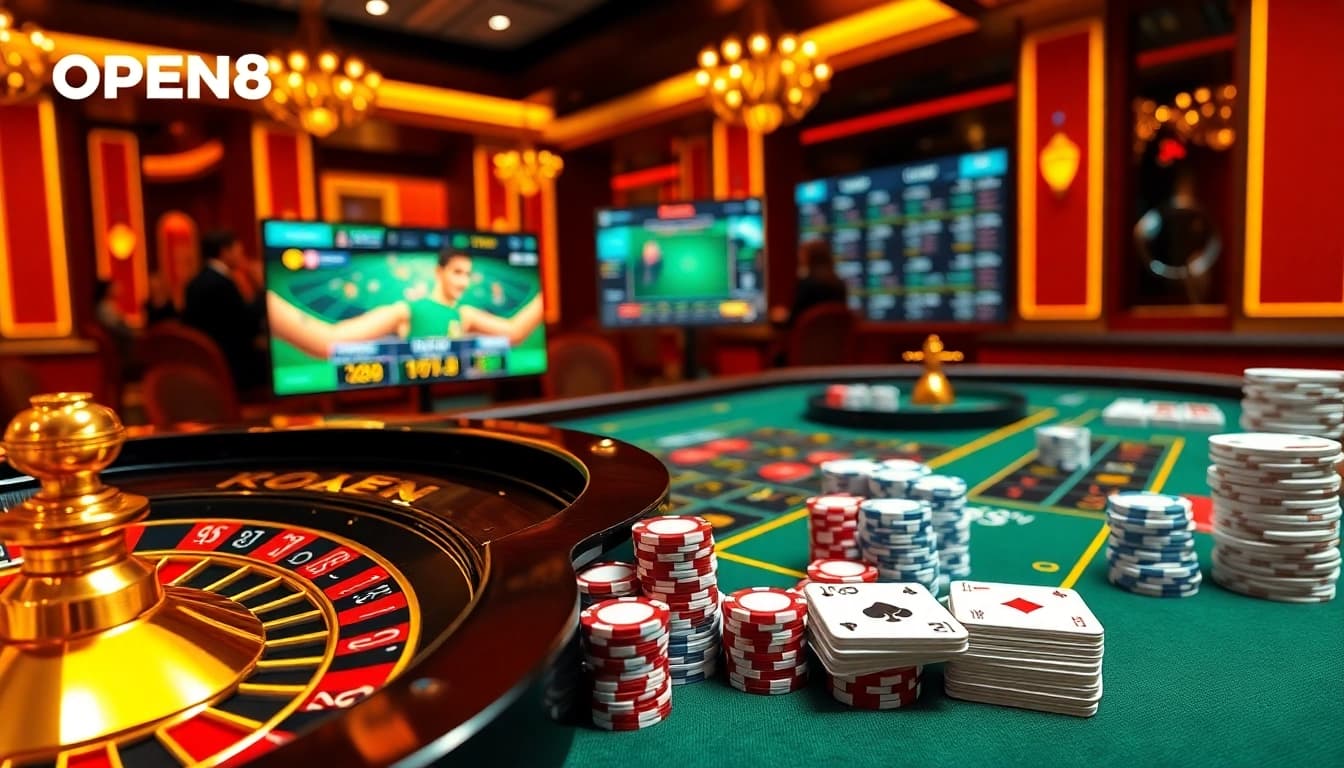 Experience the thrill of winning at OPEN88 with vibrant casino elements like poker chips and roulette wheels.