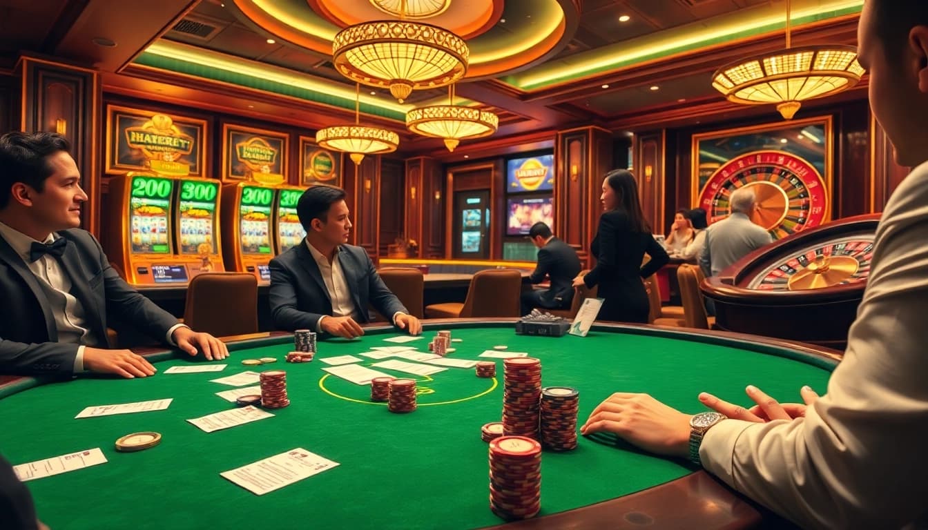 Experience the excitement of the debet club with players enjoying poker and slots in a luxurious casino atmosphere.