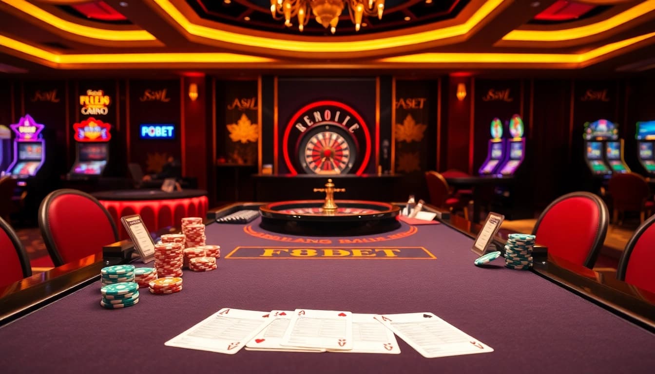 Engage in exciting online gambling at F8BET with vibrant tables, slot machines, and poker chips.