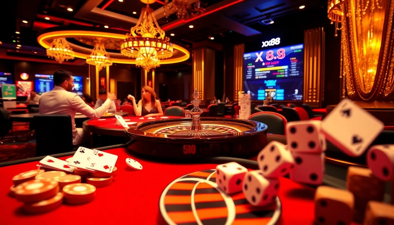 Experience excitement at https://xx88.boats/ with engaging casino visuals of players, roulette, and poker elements.