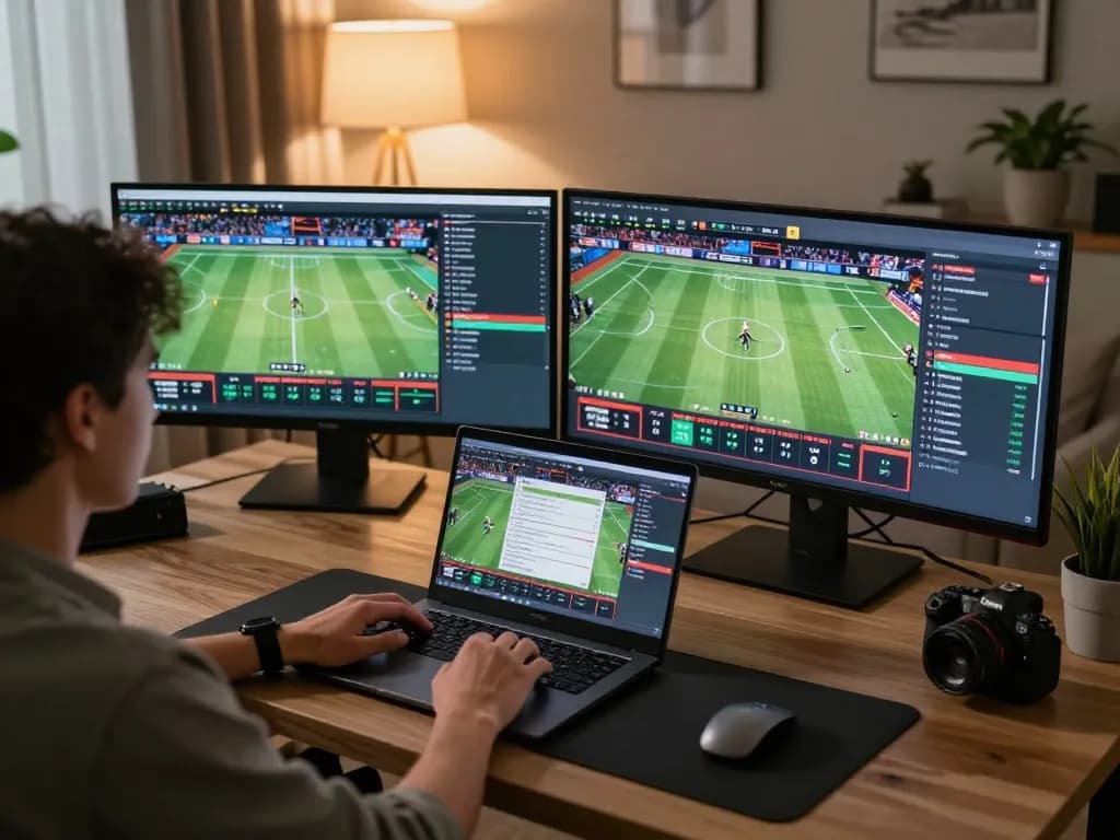 Engaging in online sports betting at ug88 with multiple screens showcasing live matches.