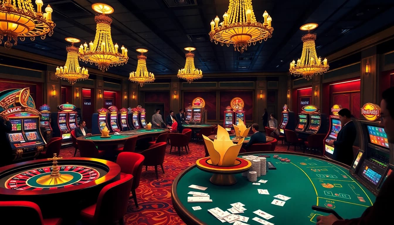 Exciting moment at max88 casino with players at poker tables and vibrant slot machines.