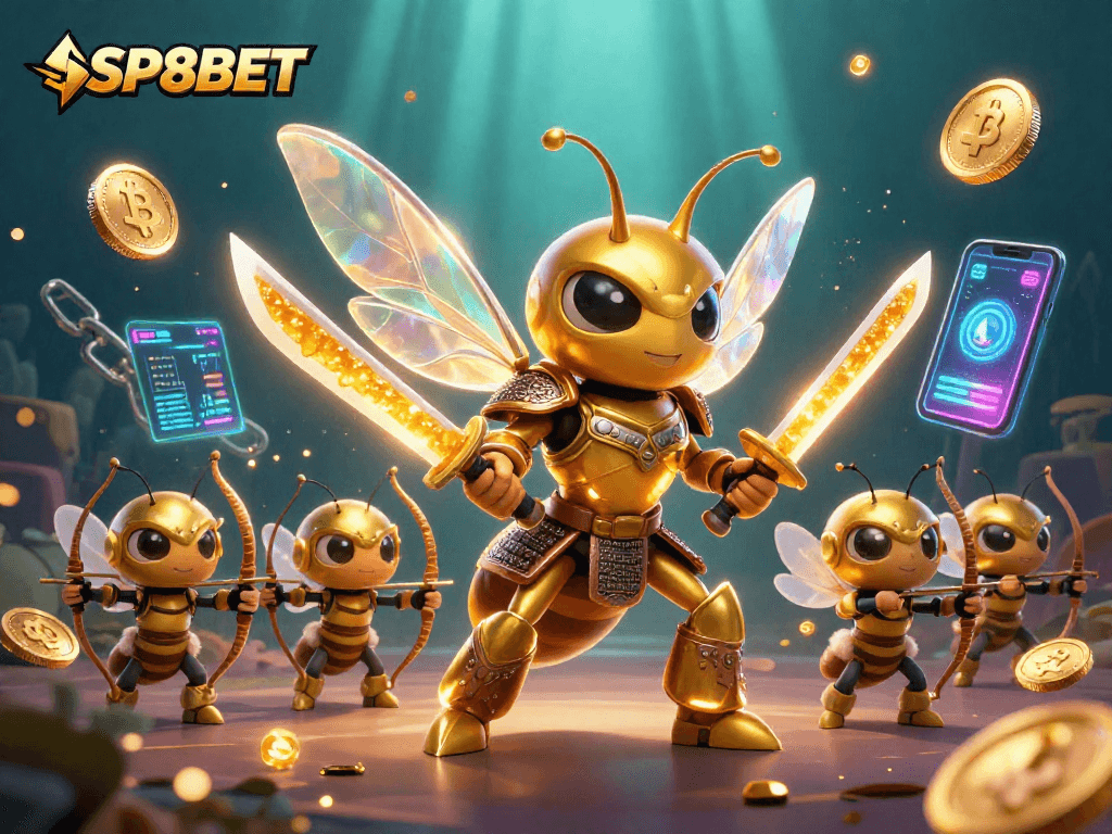 Engage in dynamic gambling fun with SP8BET’s online casino featuring a vibrant 3D illustration.