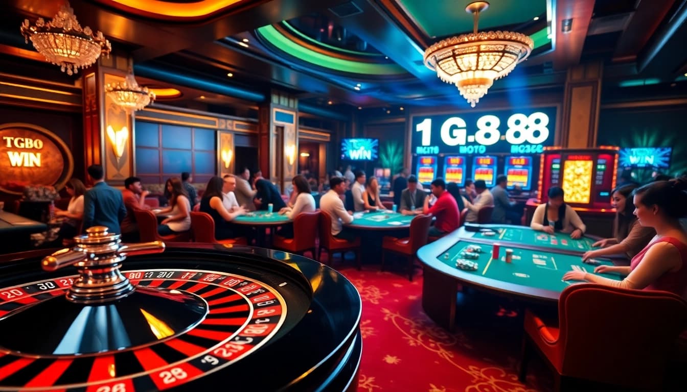 Experience the excitement at tg88 win casino with vibrant card tables and roulette wheels!