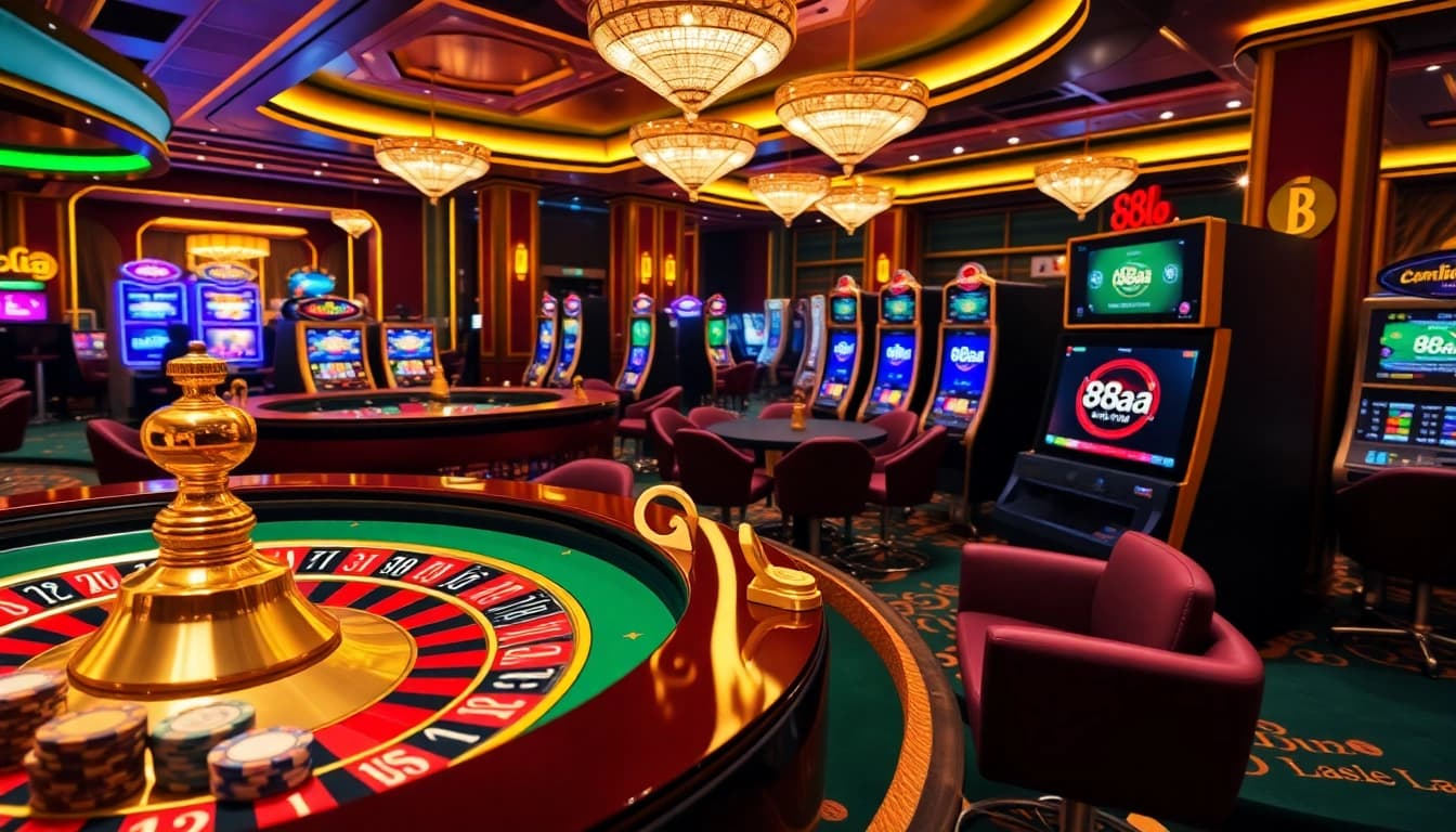 Players enjoy their time gambling at 88aa's luxurious casino with vibrant slot machines and roulette wheels.