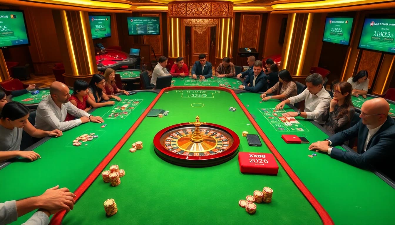 Players engaging at a vibrant casino table featuring XX88 elements, with poker chips and excitement in the air.