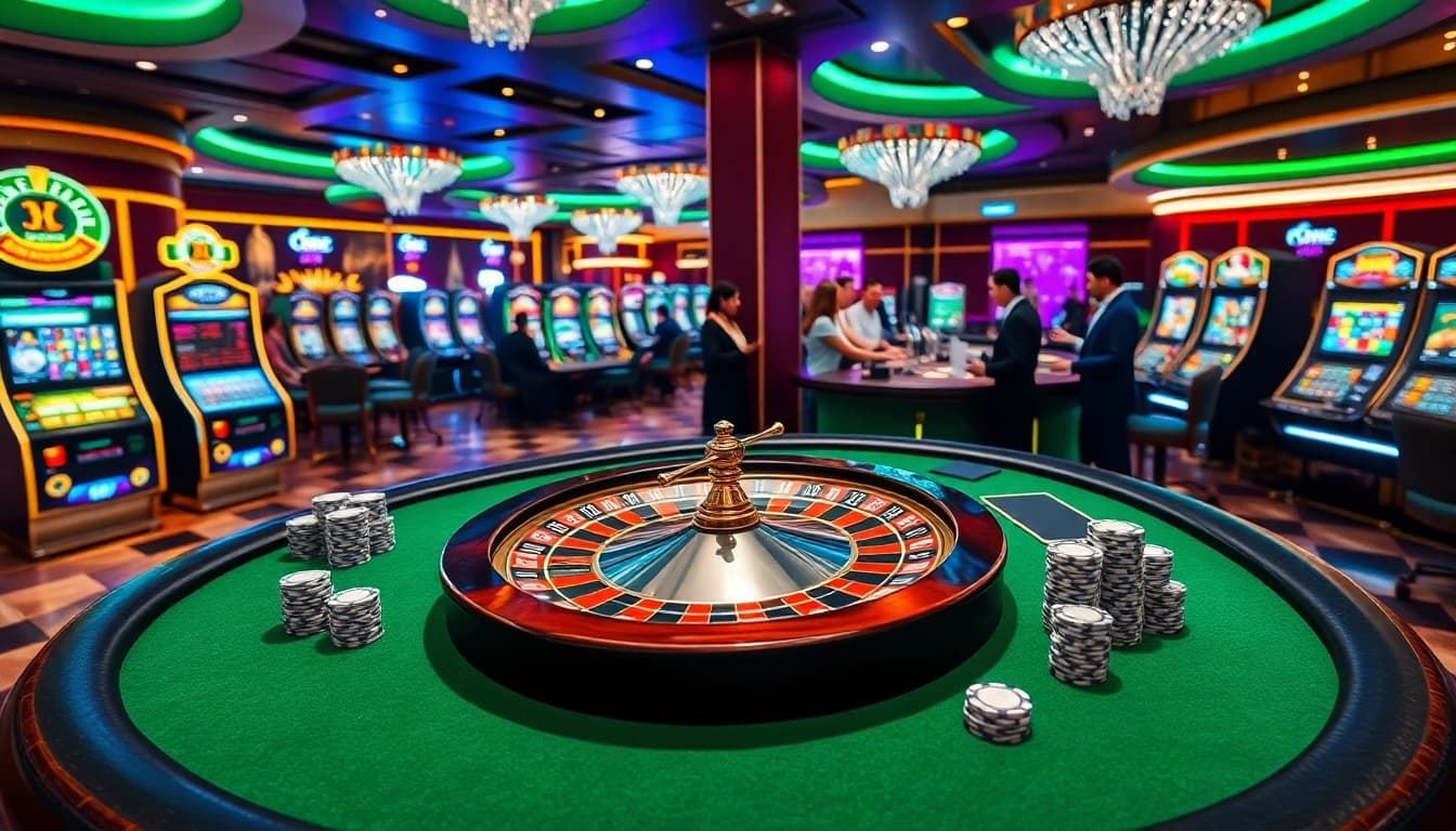 An exciting view of a luxurious casino scene featuring the keyword 88I, showcasing players at a roulette wheel and poker table.