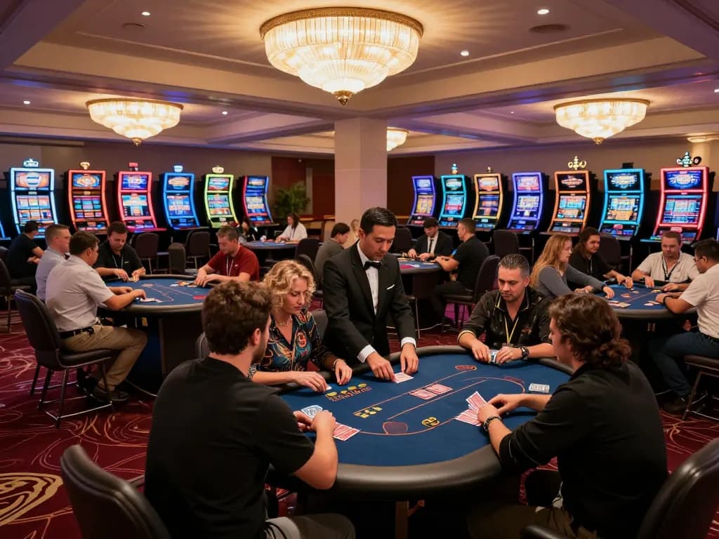 Players engaging strategically at the Luck8com casino tables under luxurious lighting.