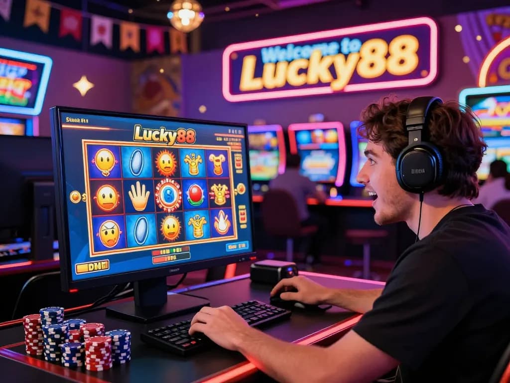 Engaged player enjoying the Lucky88 slot game in an exciting online casino setting with vibrant colors and decorations.