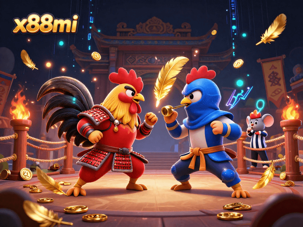 x88mi showcases roosters in a dramatic standoff surrounded by gaming and casino elements.