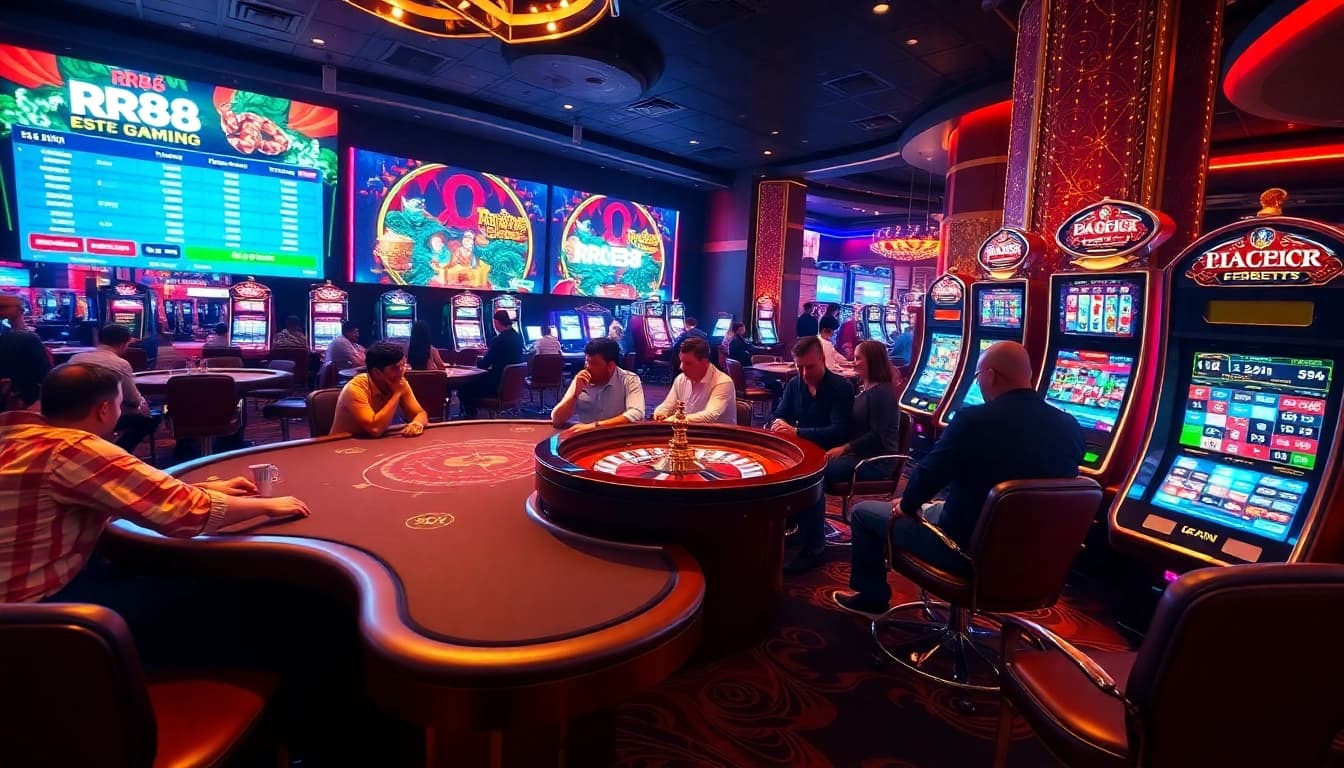 RR88 players enjoying a thrilling game at a casino table with vibrant colors and an engaging atmosphere.