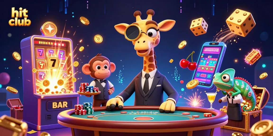 A high-roller giraffe at hit club plays poker while a monkey valet carries chips and a chameleon mixes drinks.