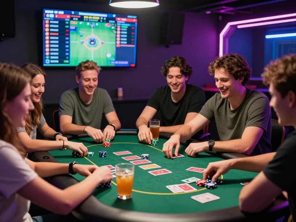 Friends enjoying a game bài in a lively gaming lounge with colorful chips and drinks.