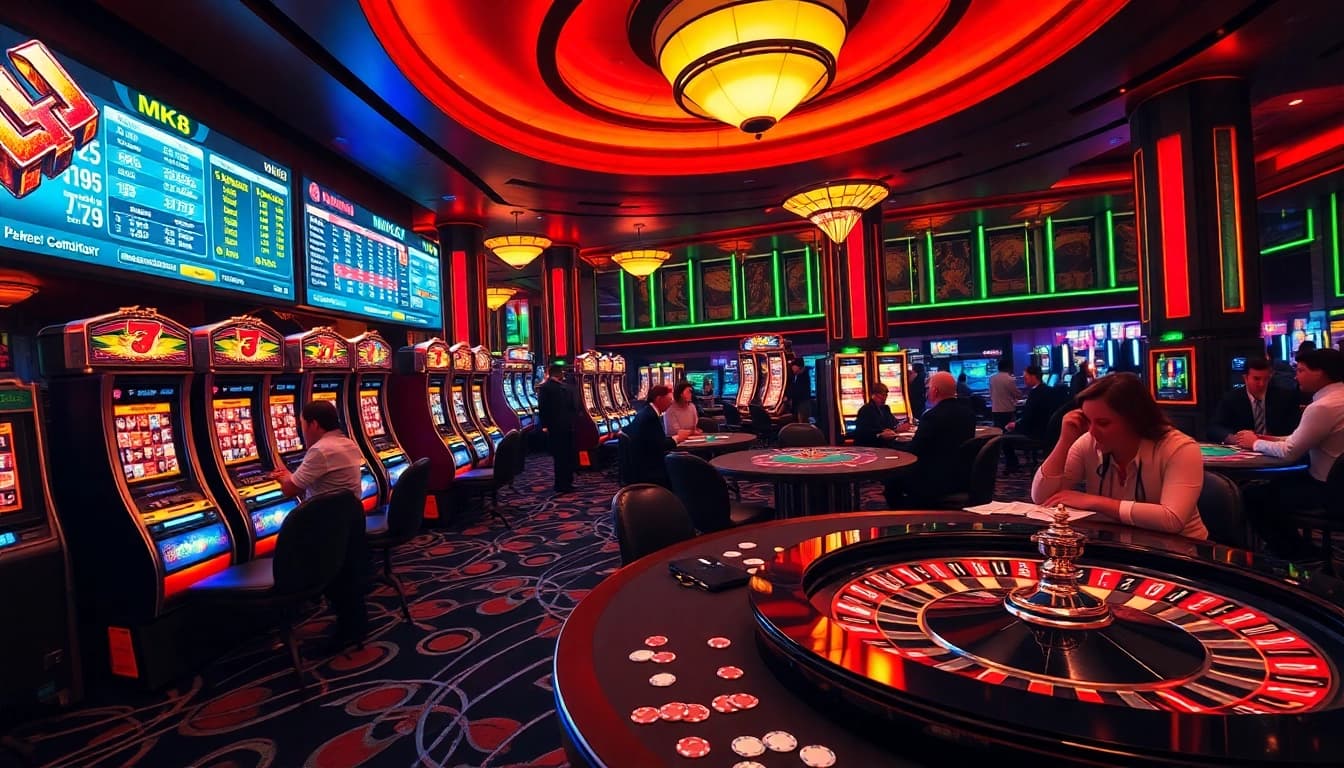 Players strategizing at a casino table while enjoying MK8-themed games and vibrant gaming atmosphere.