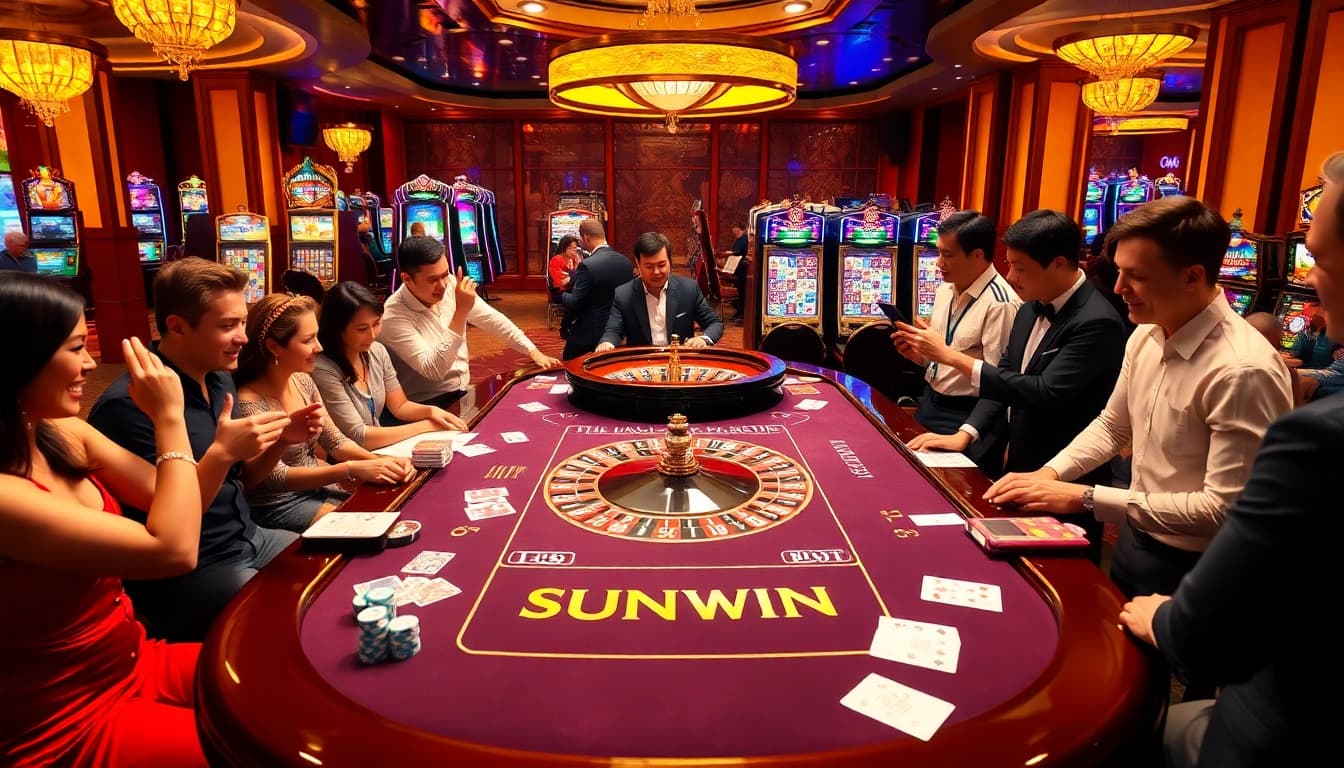 SUNWIN gaming table surrounded by players enjoying vibrant casino activities.
