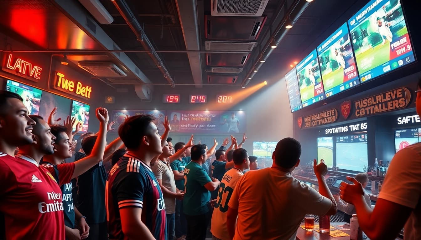 Exciting sports betting scene at tylelekeo88 with fans cheering and digital interfaces.