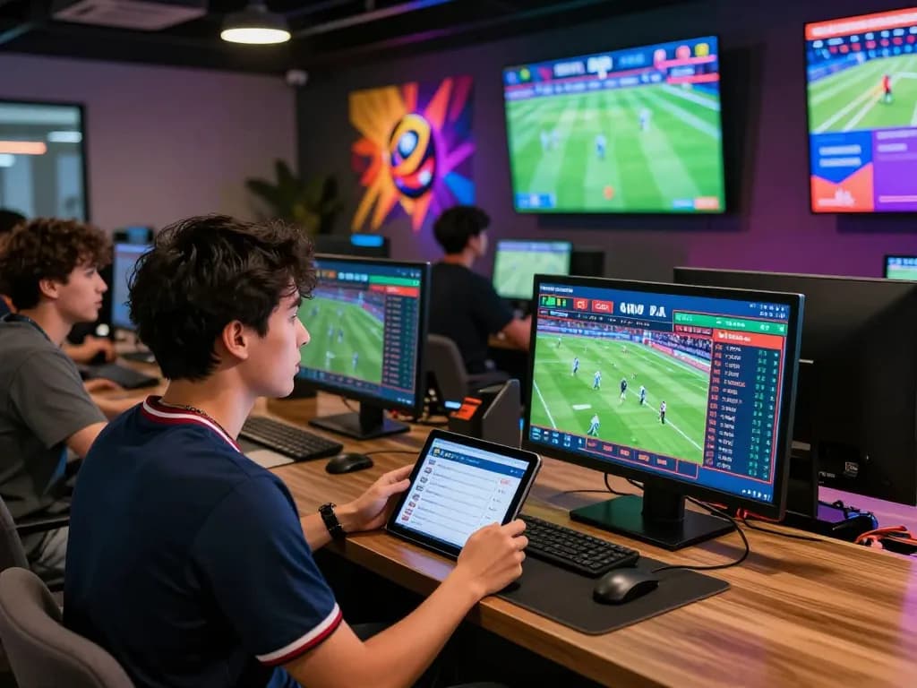 Engaging scene of kèo 1gom sports betting enthusiasts gathered around screens, discussing live matches and odds.