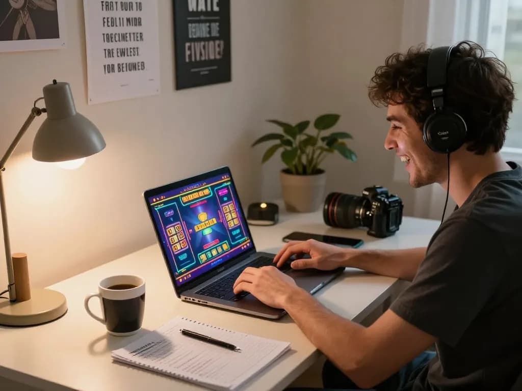Player enjoying slot gacor gaming session on laptop at home with coffee and strategy notes