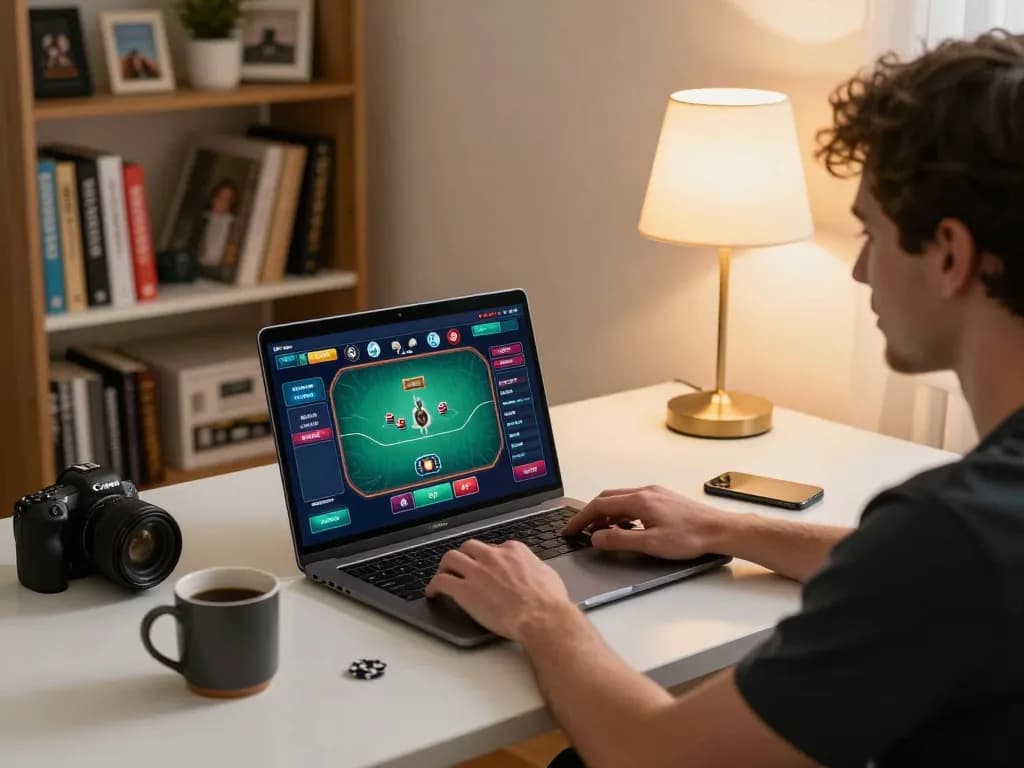 Player engaging with SKY88 online poker game on laptop while tracking betting strategies at home