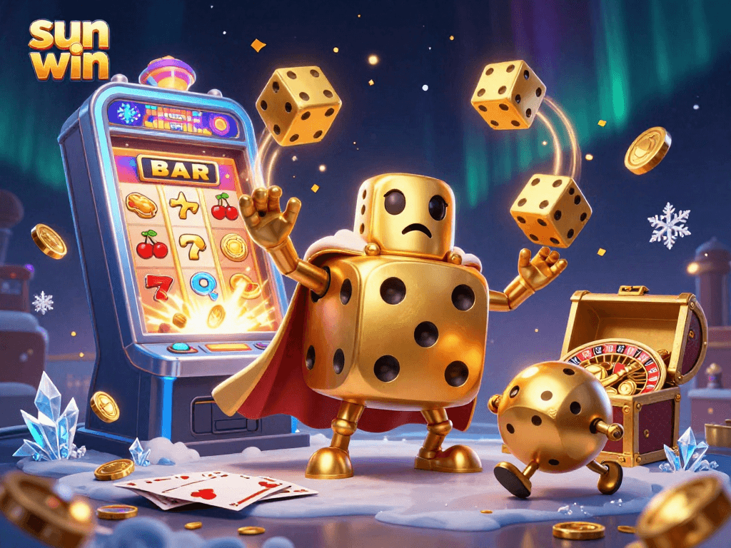 Experience the thrill of sun win with a dynamic illustration featuring jubilant casino characters and vibrant game elements.