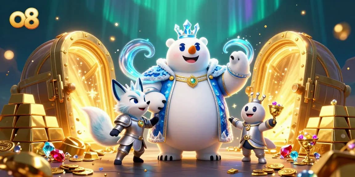 Win big at o8 with the dynamic match of ice king and fox, gleaming treasures glistening all around.