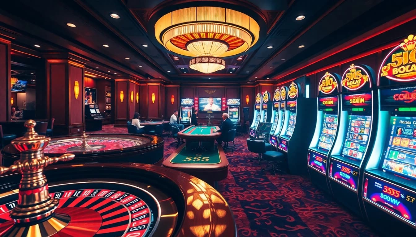 Experience the excitement of 555win with luxurious casino visuals featuring roulette, poker, and vibrant slot machines.