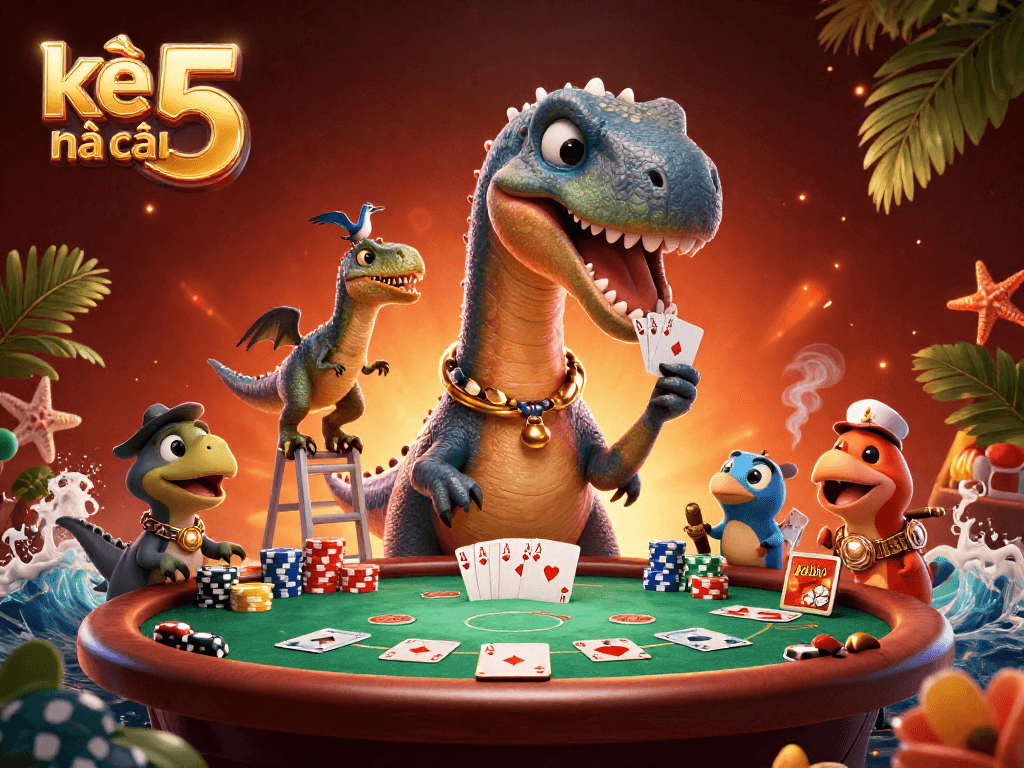 Engage with kèo nhà cái 5 as a cartoon dinosaur looms over a vibrant poker table scene.