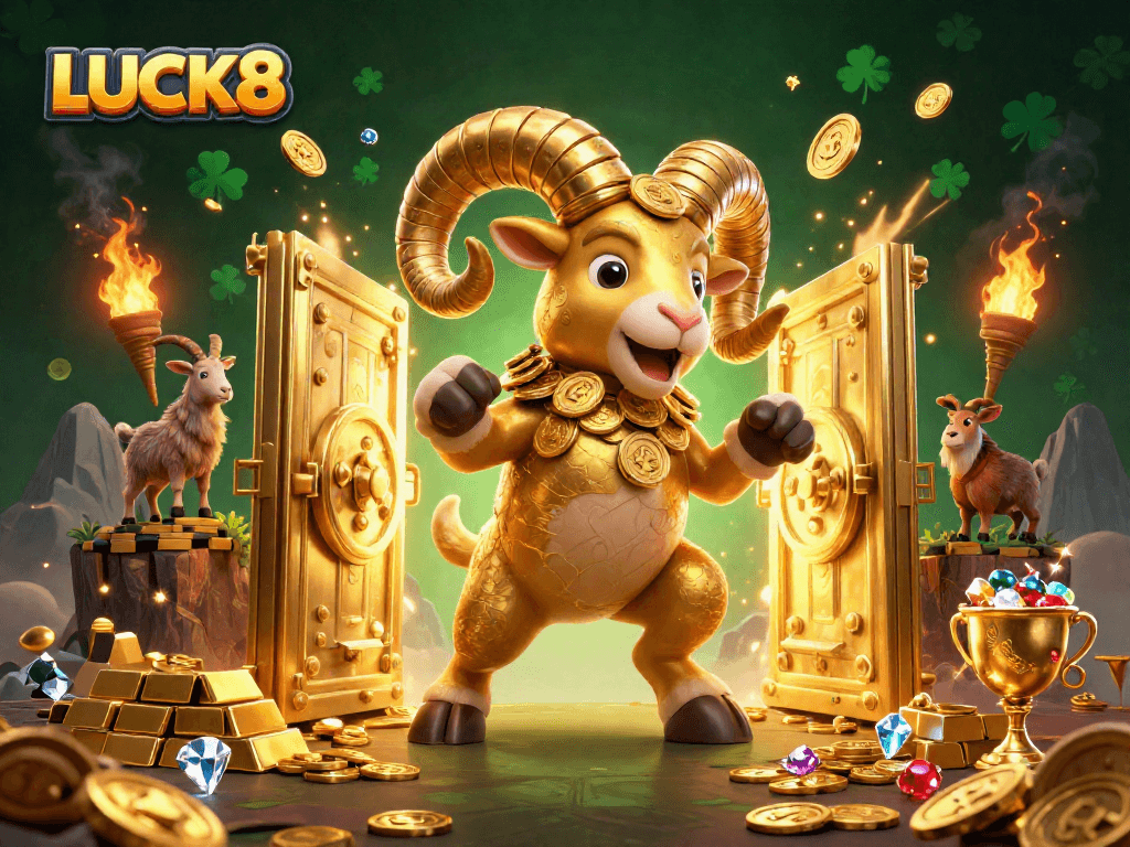 LUCK8 tham gia vào một cuộc phiêu lưu may mắn với bày trí vàng rực rỡ và biểu tượng casino hấp dẫn.