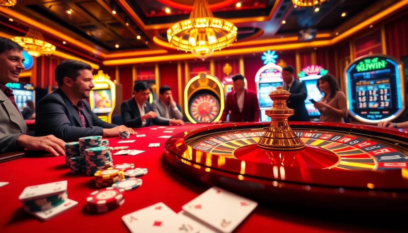 KUWIN players engaging in an exciting casino experience with poker chips and a spinning roulette wheel.