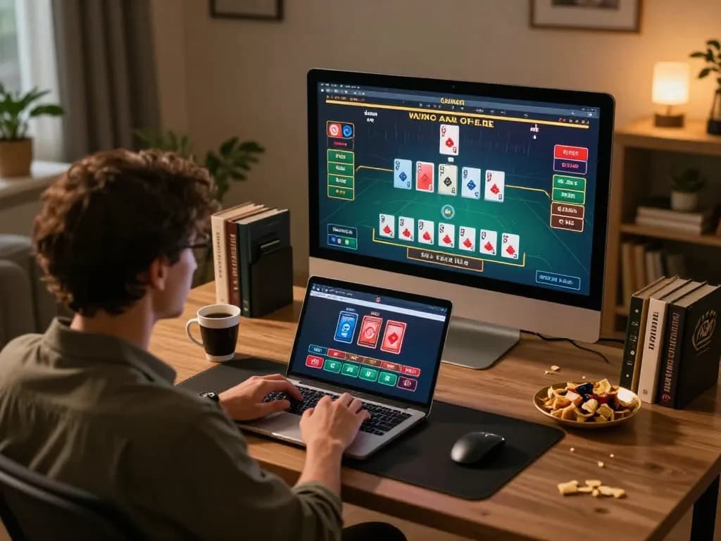 Player experiencing XI88 live dealer game on laptop at a cozy home setup, emphasizing engaging online gambling.