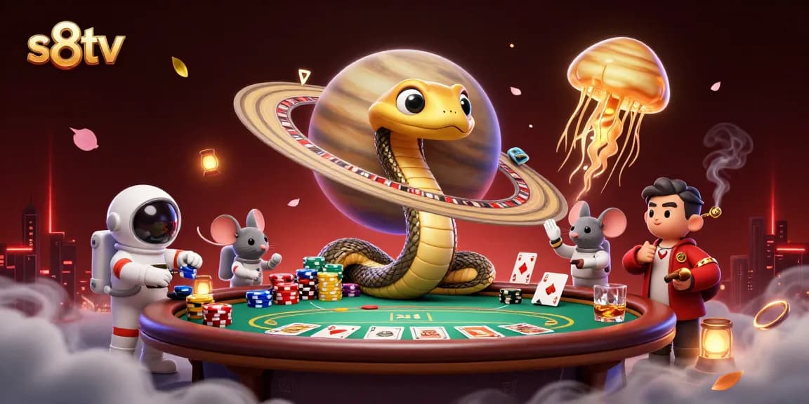 S8TV reels spin as astronaut mice bet in a stellar casino scene, showcasing vibrant casino action.