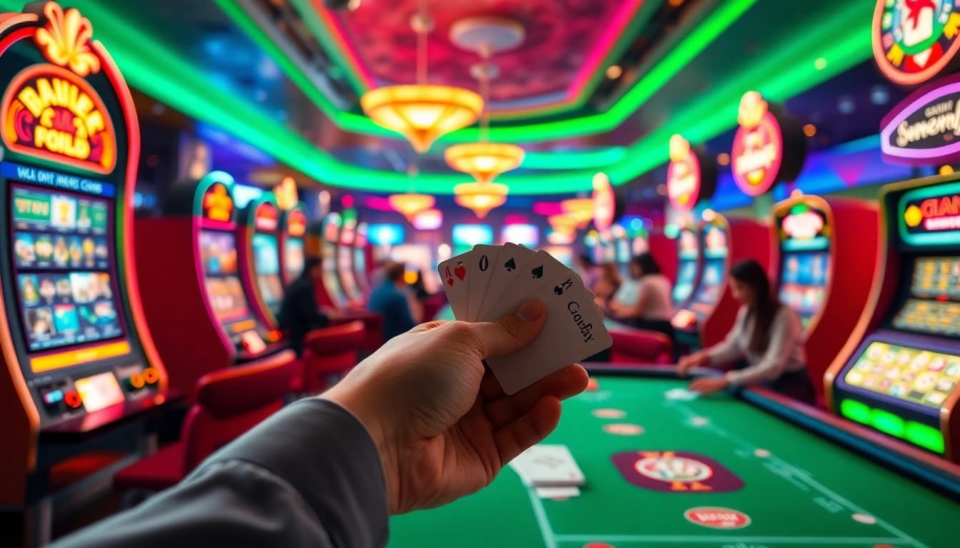 Rikvip club gaming experience featuring vibrant slot machines and players at card tables.