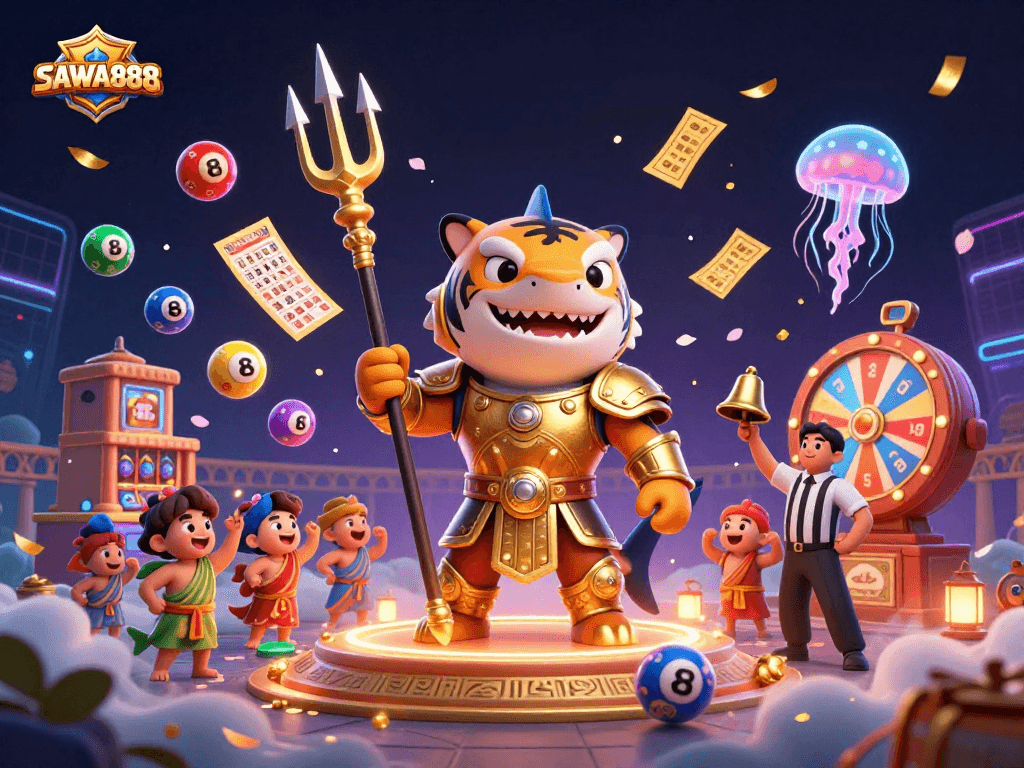 SAWA888 logo showcasing a dynamic underwater scene with a tiger shark, fish, and casino elements.