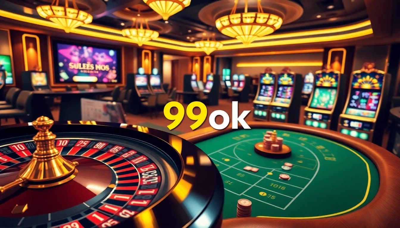 Engage with the thrilling gaming environment of 99ok featuring vibrant casino tables and poker chips.