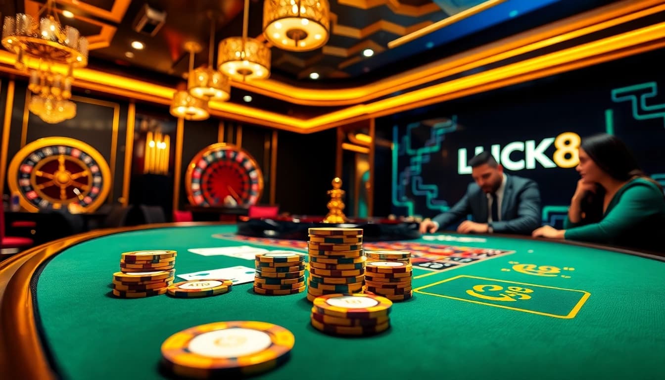 Cổng game LUCK8 thrills players at a luxurious casino table featuring poker chips and cards.
