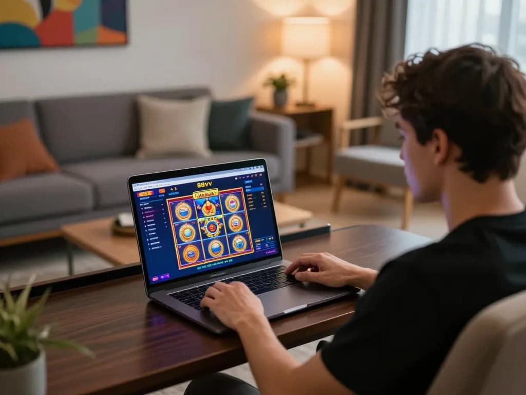 Person enjoying online gaming at 88vv on a laptop, showcasing vibrant slot games in a cozy home setting.
