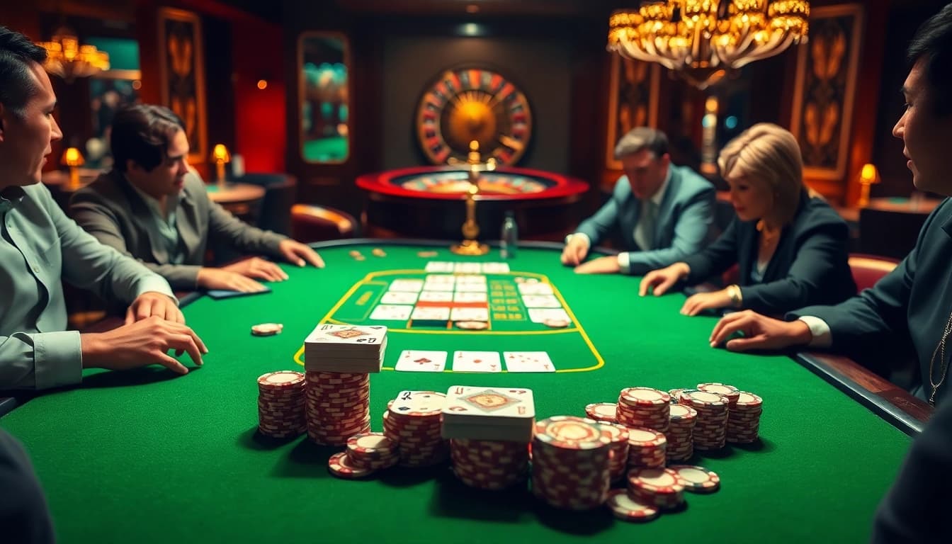 Excited players enjoying a high-stakes poker game at 789BET casino table
