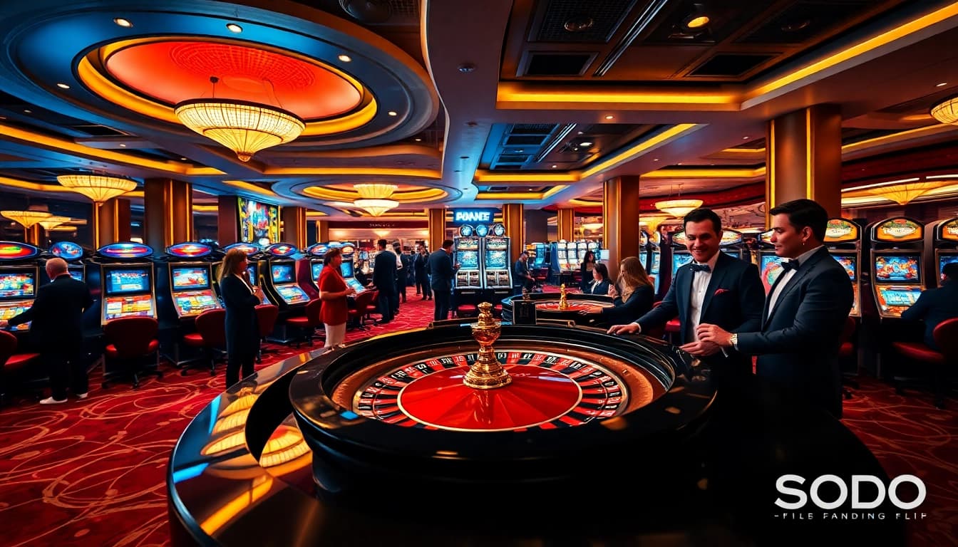 Players enjoy a thrilling game at SODO Casino's elegant roulette table, featuring vibrant decor.