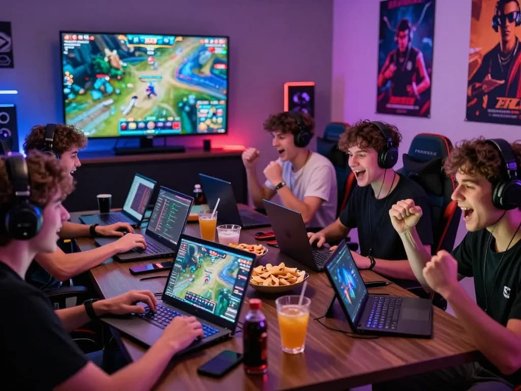 Engaging scene depicting friends playing Rikvip online games in a vibrant gaming room, showcasing excitement and competitive spirit.