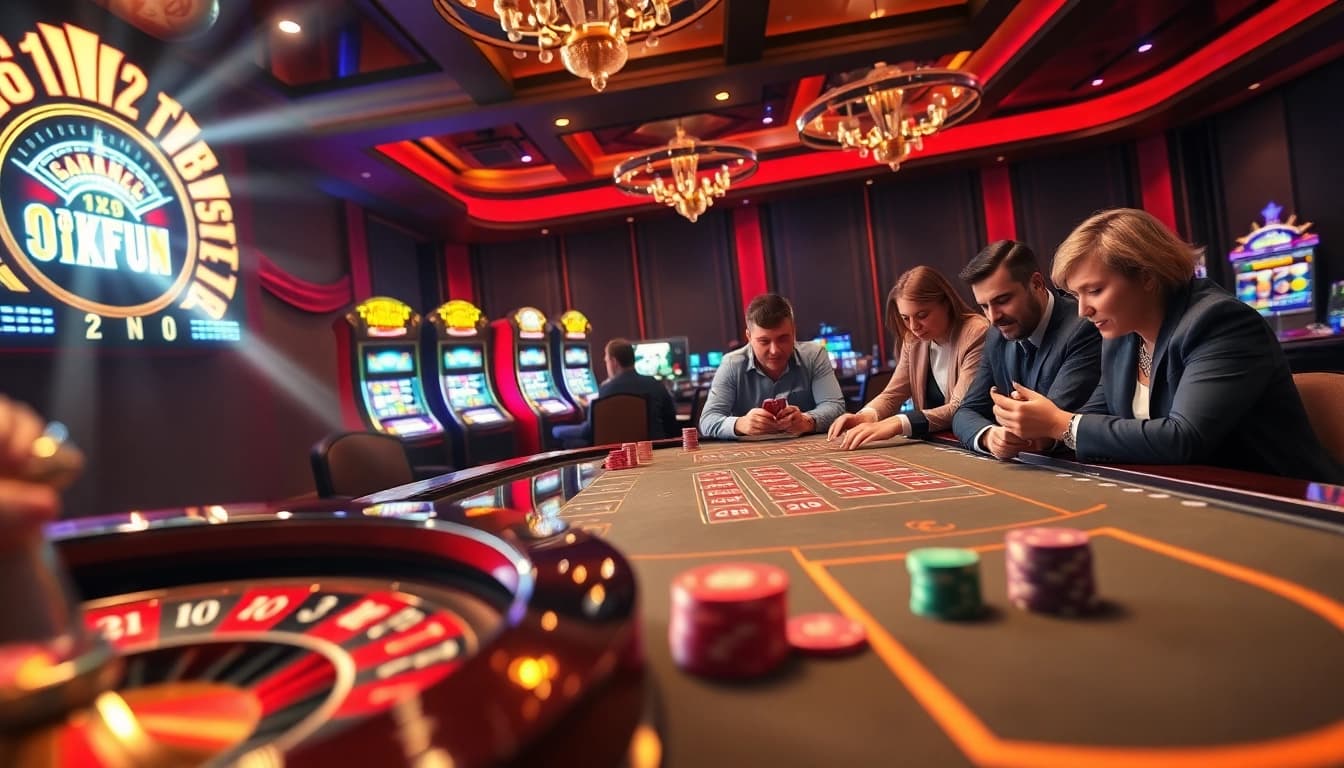 Engaging players at OKFUN casino table amidst vibrant gaming atmosphere.
