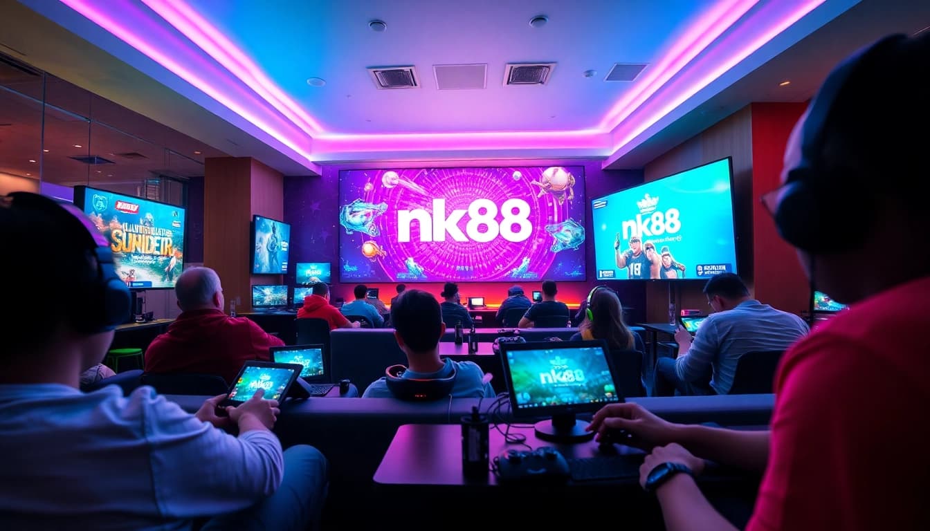 Dynamic gaming scene featuring nk88 platform with players engaged on devices