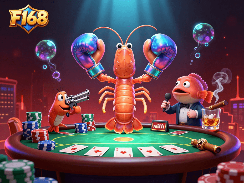 Experience the excitement of F168 as shrimp characters play poker amidst vibrant casino elements.