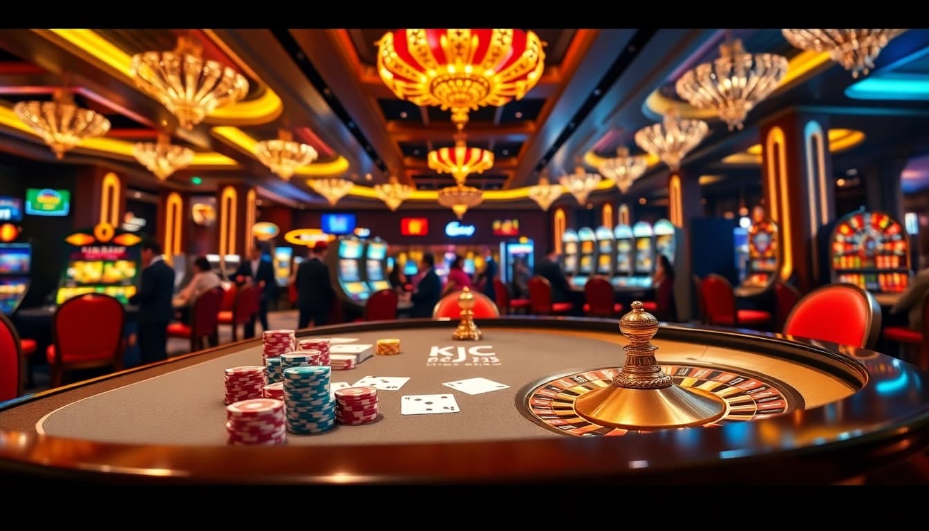Experience high-stakes excitement with Liên minh KJC at a luxurious casino featuring poker and roulette.